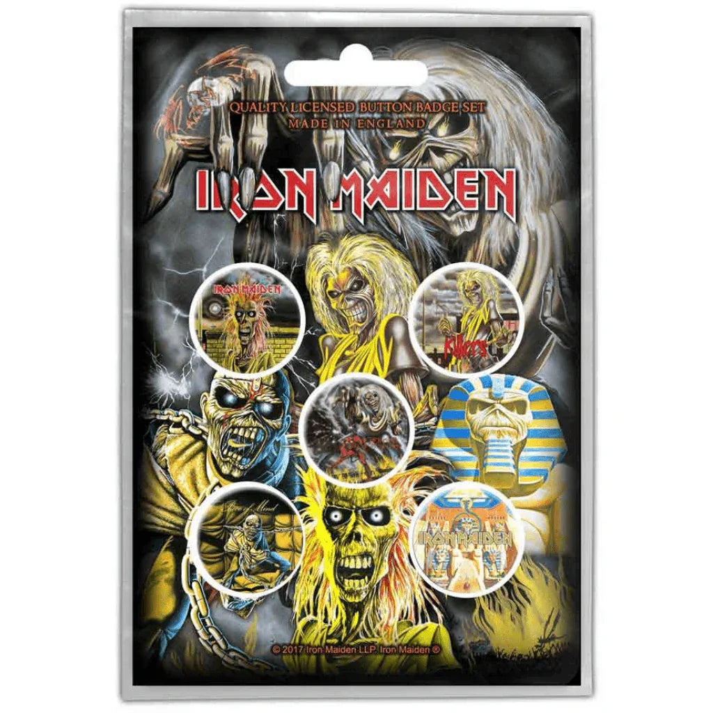 Iron Maiden Button Anstecker · Early Albums (Ø 25mm / 5er Set) - Totenkopf.com