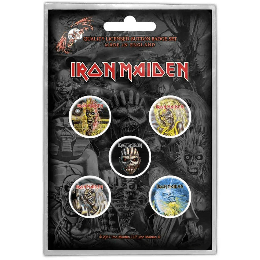 Iron Maiden Button Anstecker · Faces of Eddie (Ø 25mm / 5er Set) - Totenkopf.com