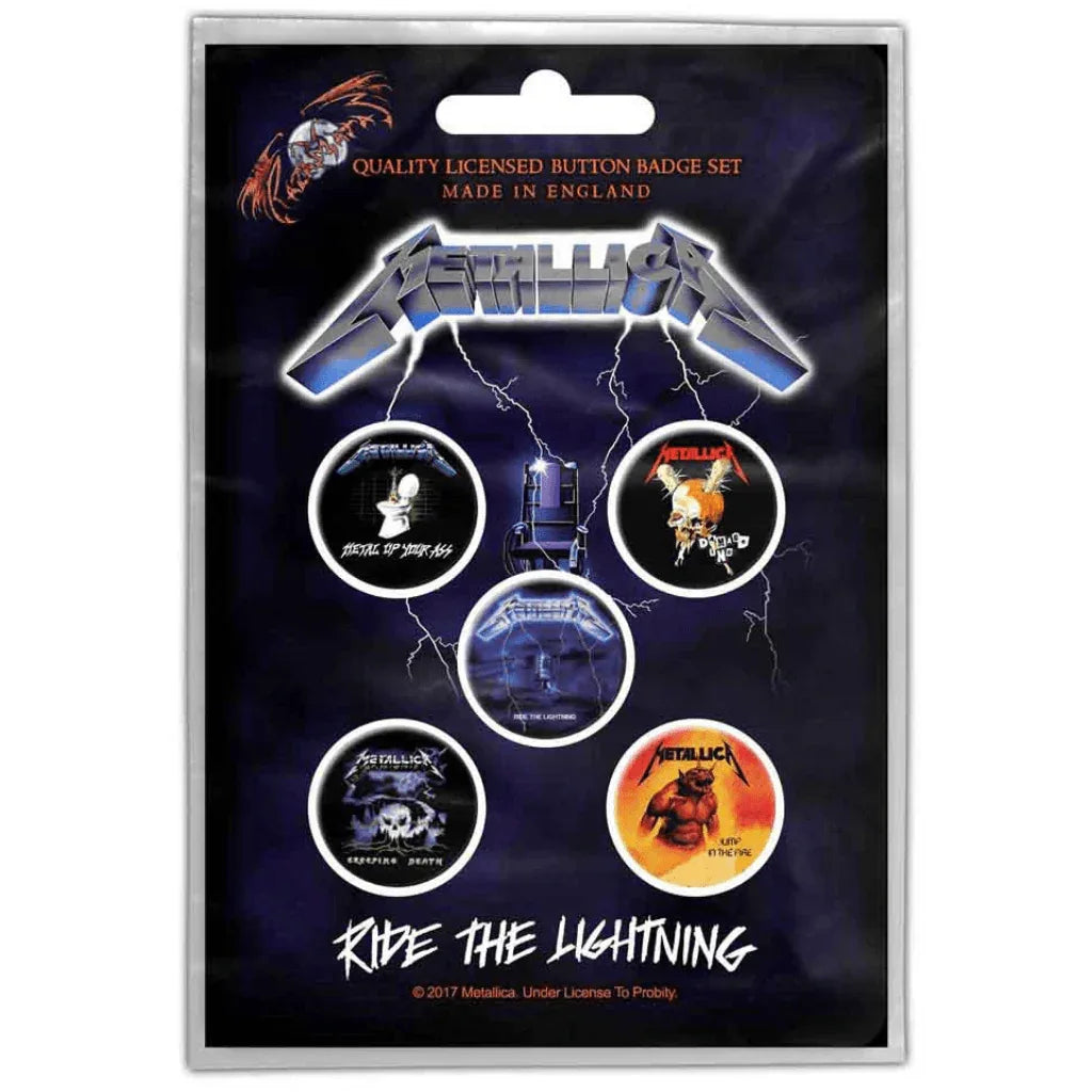 Metallica Button Anstecker · Ride The Lightning (Ø 25mm / 5er Set) - Totenkopf.com