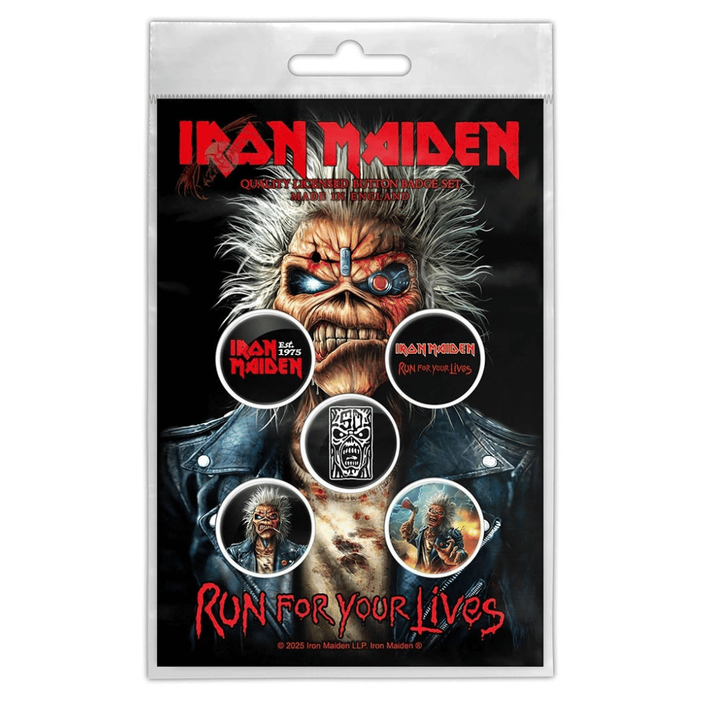 Iron Maiden Anstecker Button · Run For Your Lives (5 Stück - Ø 15mm)