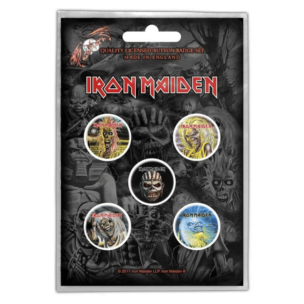 Iron Maiden Anstecker Button · The Faces Of Eddie (5 Stück - Ø 15mm)