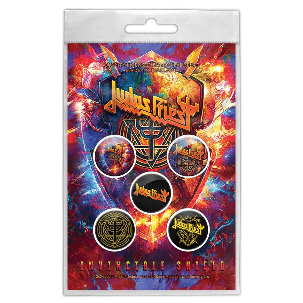 Judas Priest Button Anstecker · Invincible Shield (Ø 25mm / 5er Set) - Totenkopf.com