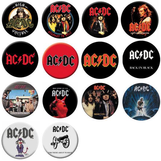 AC/DC Button Anstecker Groß · Band, Angus, Logo (Ø 35mm / 14er Set)