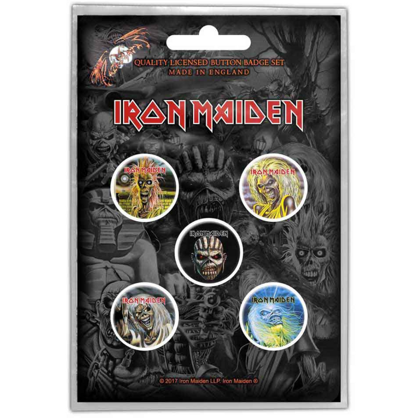 Iron Maiden Button Anstecker (25mm) 5er Set · The Faces Of Eddie · Offizieller Metal Band Merch