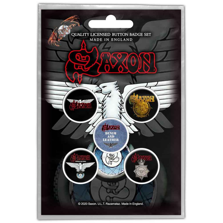 Saxon Button Anstecker (25mm) 5er Set · Wheels Of Steel · Offizieller Metal Band Merch