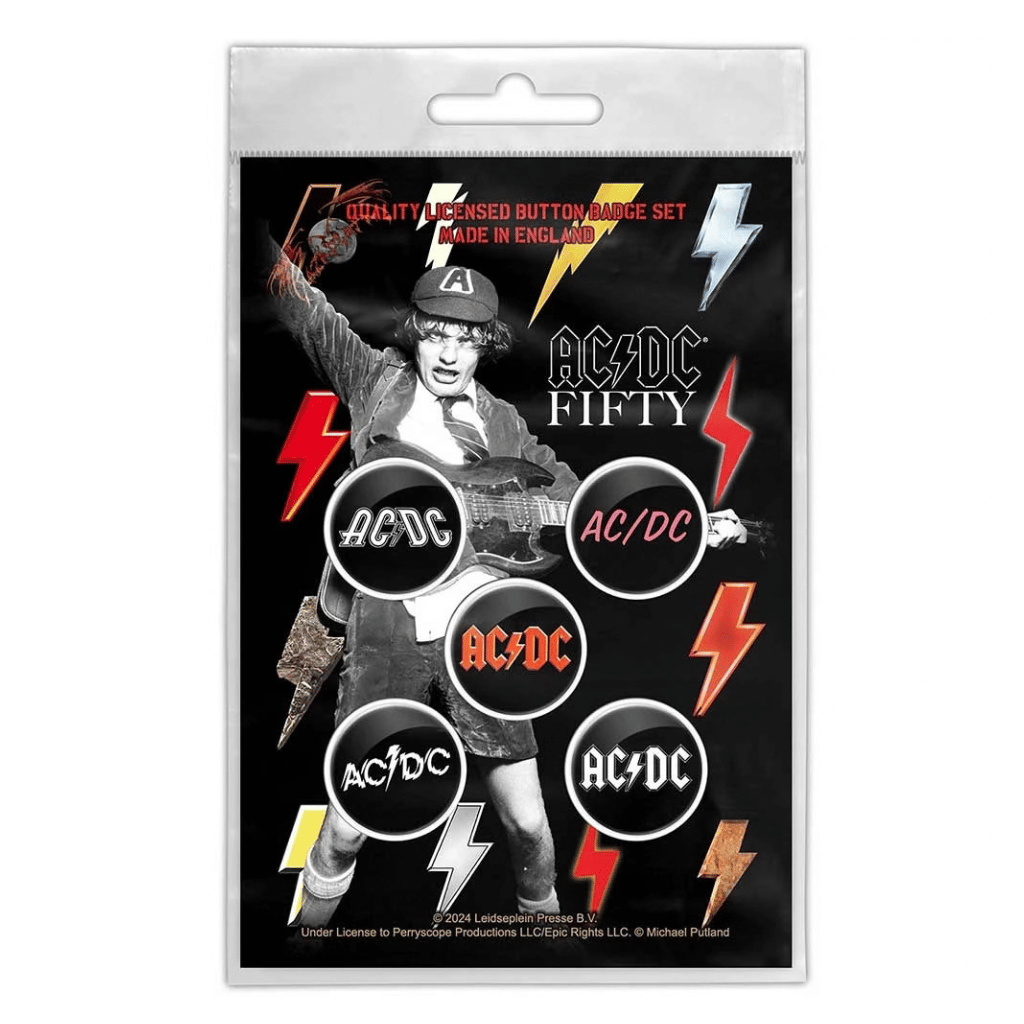 AC/DC Anstecker Button · Fifty Logos (5 Stück - Ø 15mm)