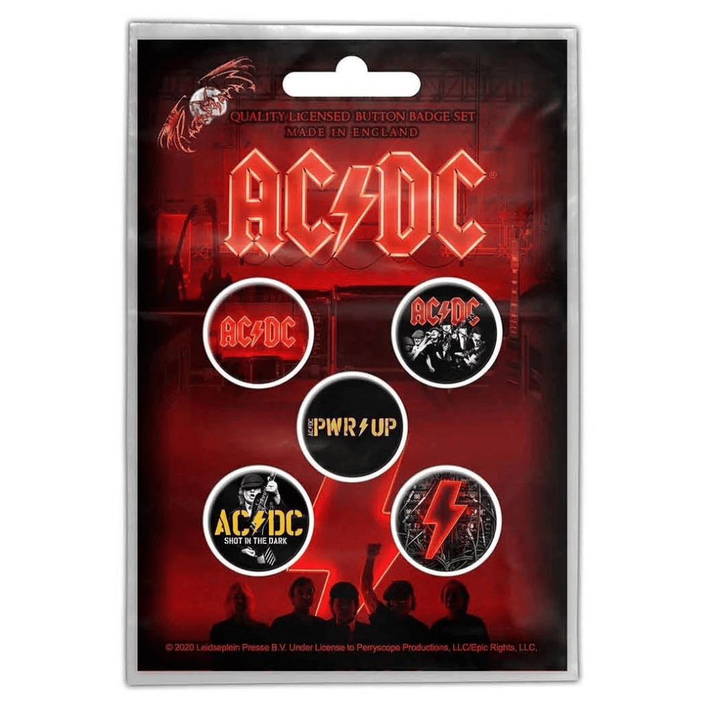 AC/DC Anstecker Button · PWR Up (5 Stück - Ø 15mm)