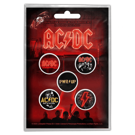 AC/DC Anstecker Button · PWR Up (5 Stück - Ø 15mm)