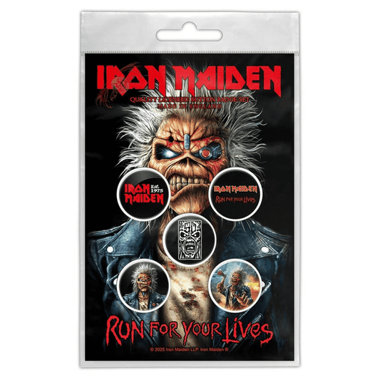 Iron Maiden Anstecker Button · Run For Your Lives (5 Stück - Ø 15mm)