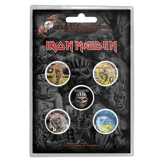 Iron Maiden Anstecker Button · The Faces Of Eddie (5 Stück - Ø 15mm)