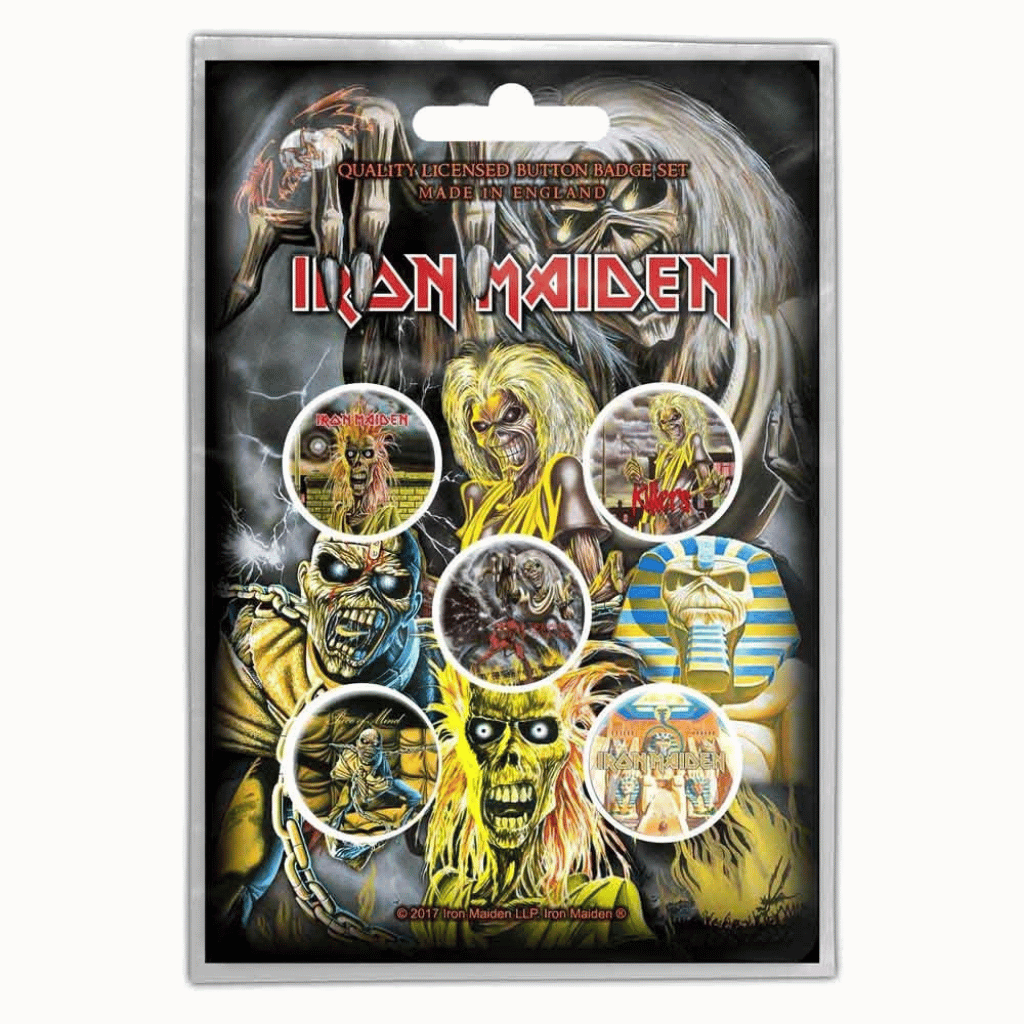 Iron Maiden Anstecker Button · Early Albums (5 Stück - Ø 15mm)