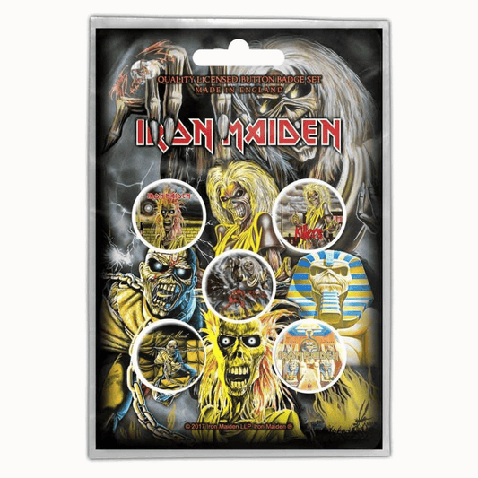 Iron Maiden Anstecker Button · Early Albums (5 Stück - Ø 15mm)